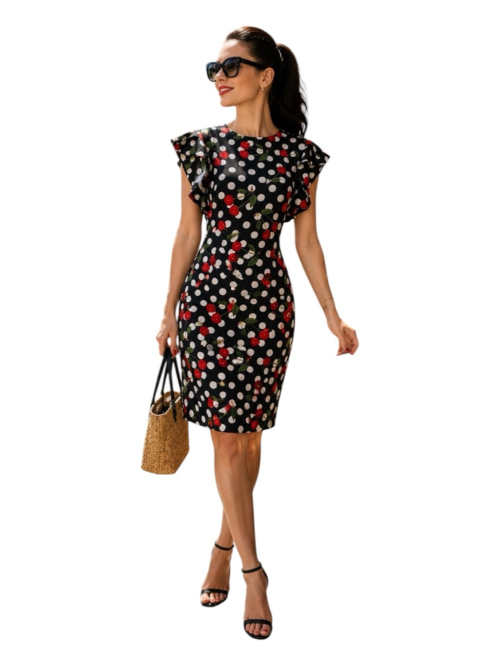Cherry Polka Dot Retro Flutter Sleeve Dress Women’s XL Rockabilly Bombshell